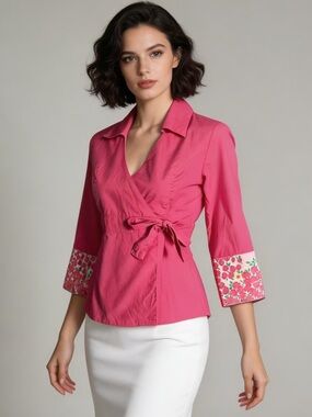 LILLY PULITZER | Vibrant Pink Cotton Floral Wrap Top Sz 2